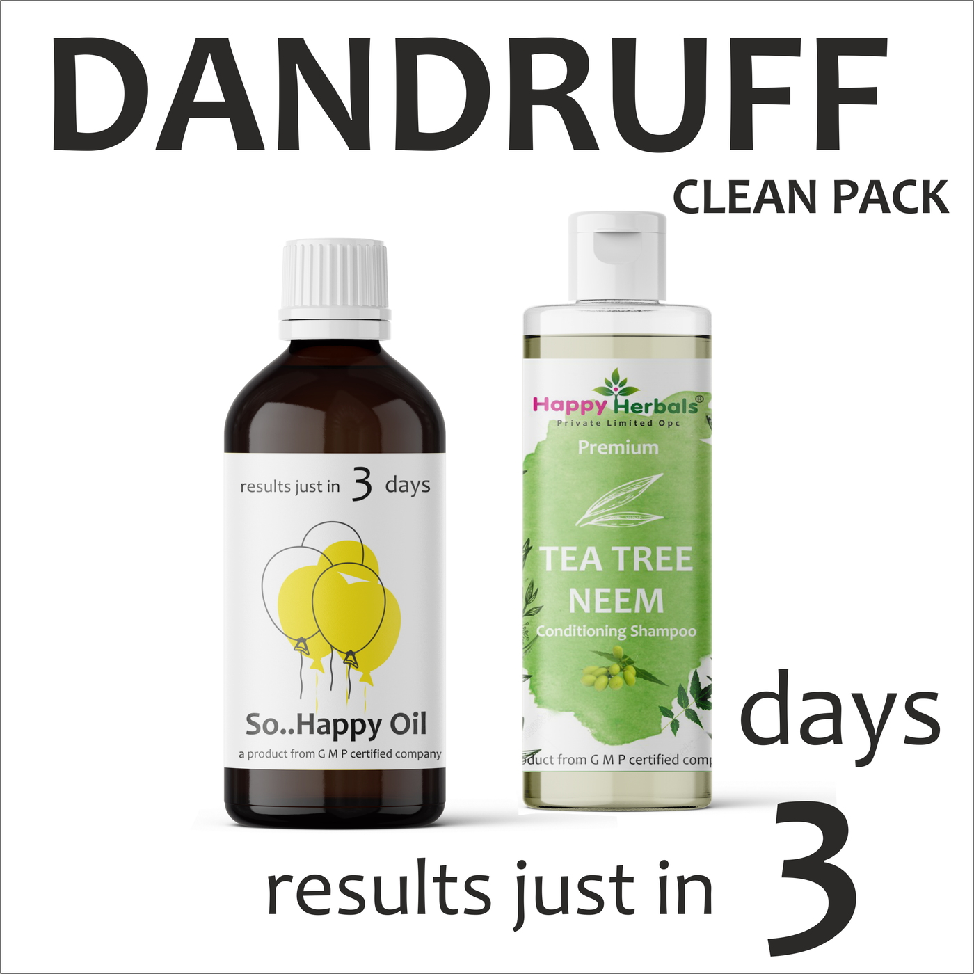 Dandruff Clean Pack: Happy Herbals' solution for dandruff-free hair. This pack contains a curated selection of natural products designed to cleanse and nourish the scalp, promoting healthier hair. Embrace nature for a flake-free scalp.