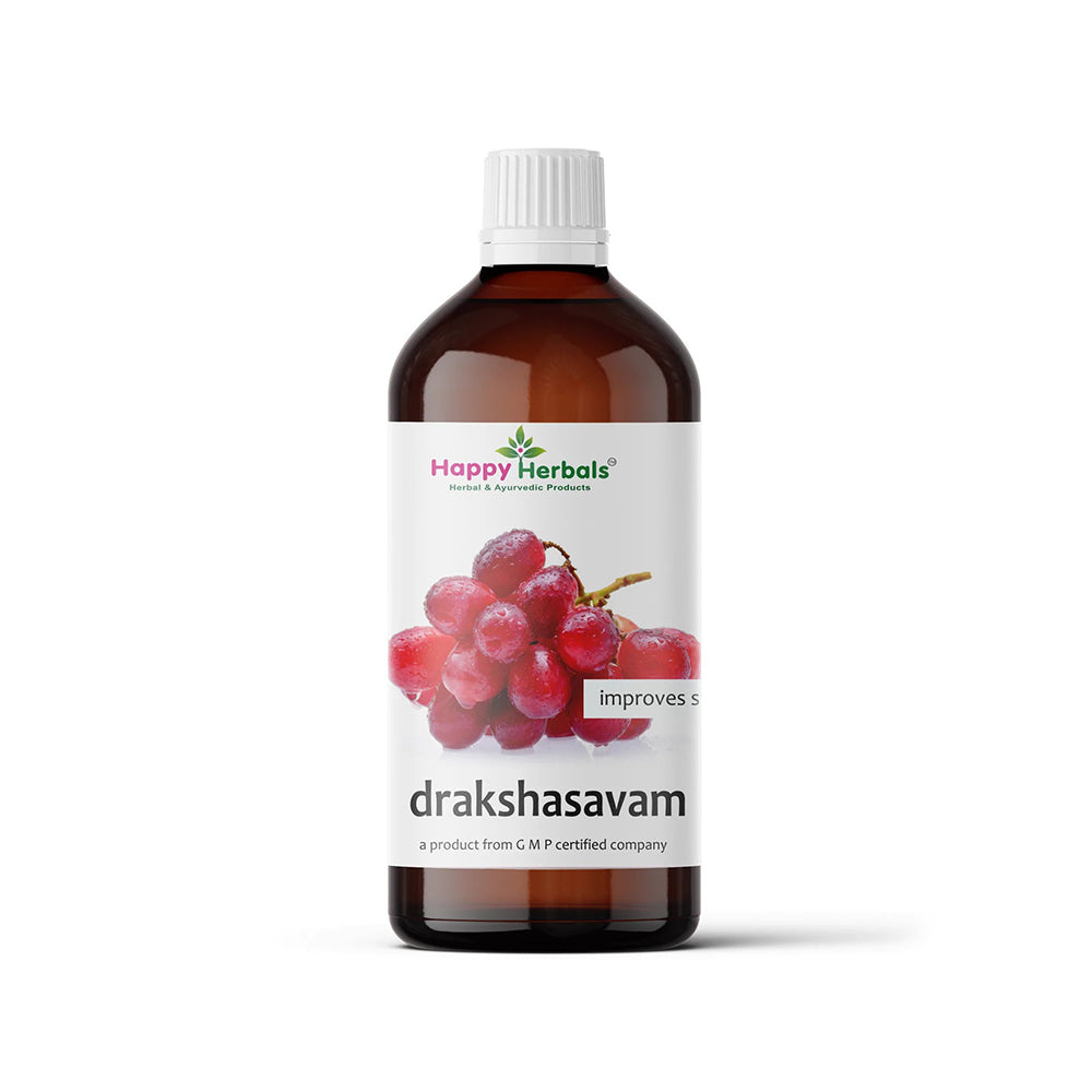 "Drakshasavam: Happy Herbals' tonic for digestive health. Crafted with Draksha (grape) and other natural ingredients, it supports digestion and overall well-being. Embrace nature for a healthier gut."