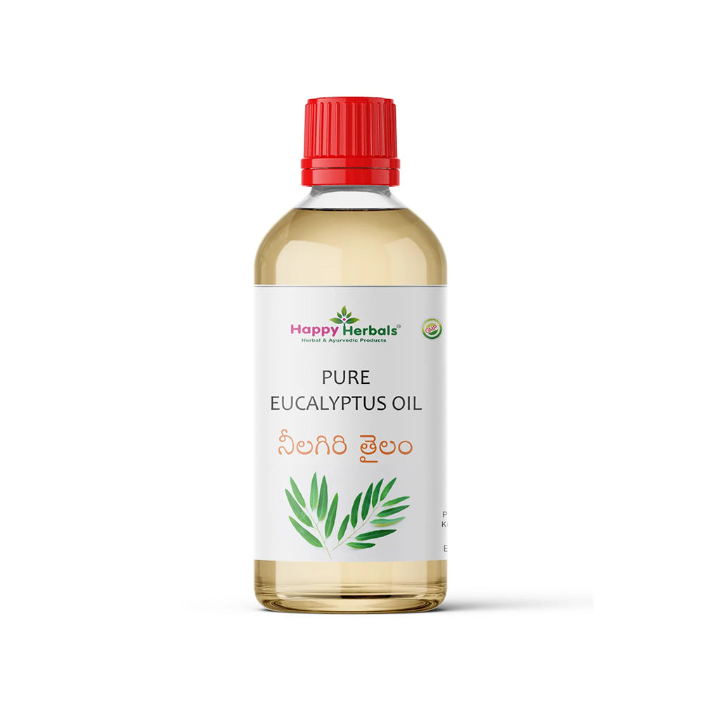 Eucalyptus Oil: Happy Herbals' natural remedy for respiratory wellness. Pure and potent, it helps clear congestion and supports easy breathing. Embrace nature for clearer airways.