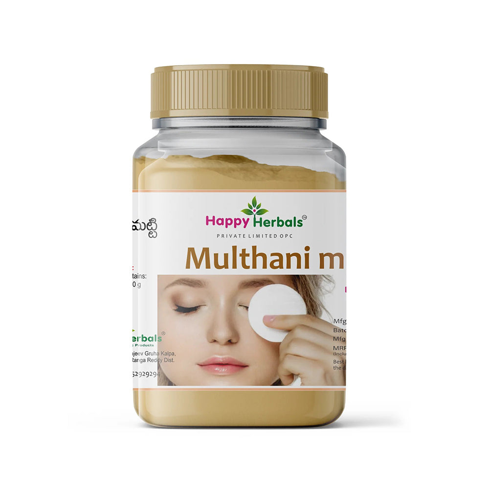 Rejuvenate your skin naturally with Happy Herbals' Multhani Mitti Powder, a cherished Ayurvedic remedy known for its deep cleansing and exfoliating properties, offering a natural solution for a clear, radiant complexion and overall skin wellness.