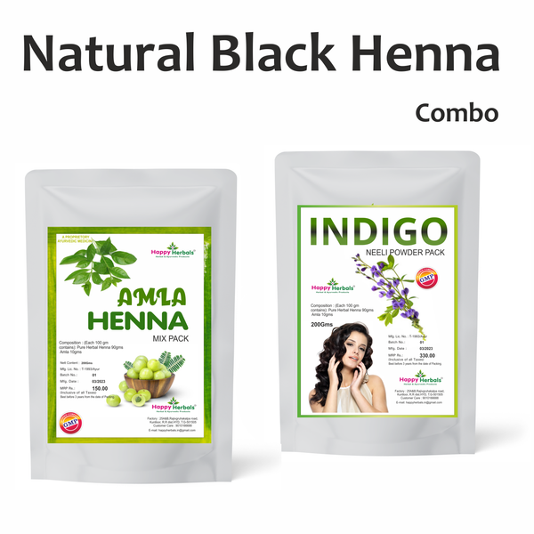 Enhance your hair naturally with Happy Herbals' Natural Black Henna Combo, a blend of pure ingredients meticulously crafted to provide rich color and nourishment, offering a natural solution for vibrant, healthy-looking hair with no compromise on quality.
