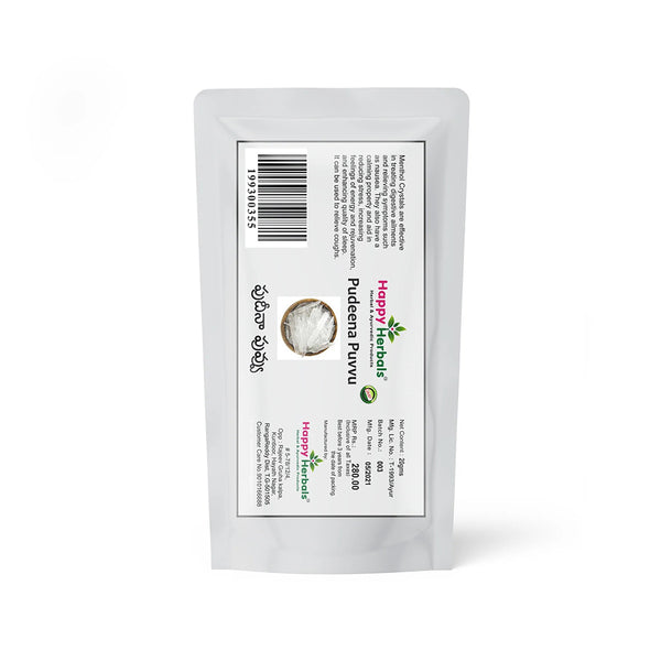 HappyHerbals' Pudeena Puvvu (Menthol Crystals) – Pure, potent, and natural. Enhance your well-being with this versatile remedy, perfect for aromatherapy and traditional health practices.